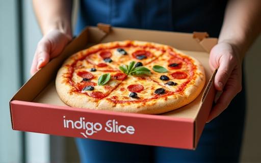 Gourmet pizza being delivered in a branded box